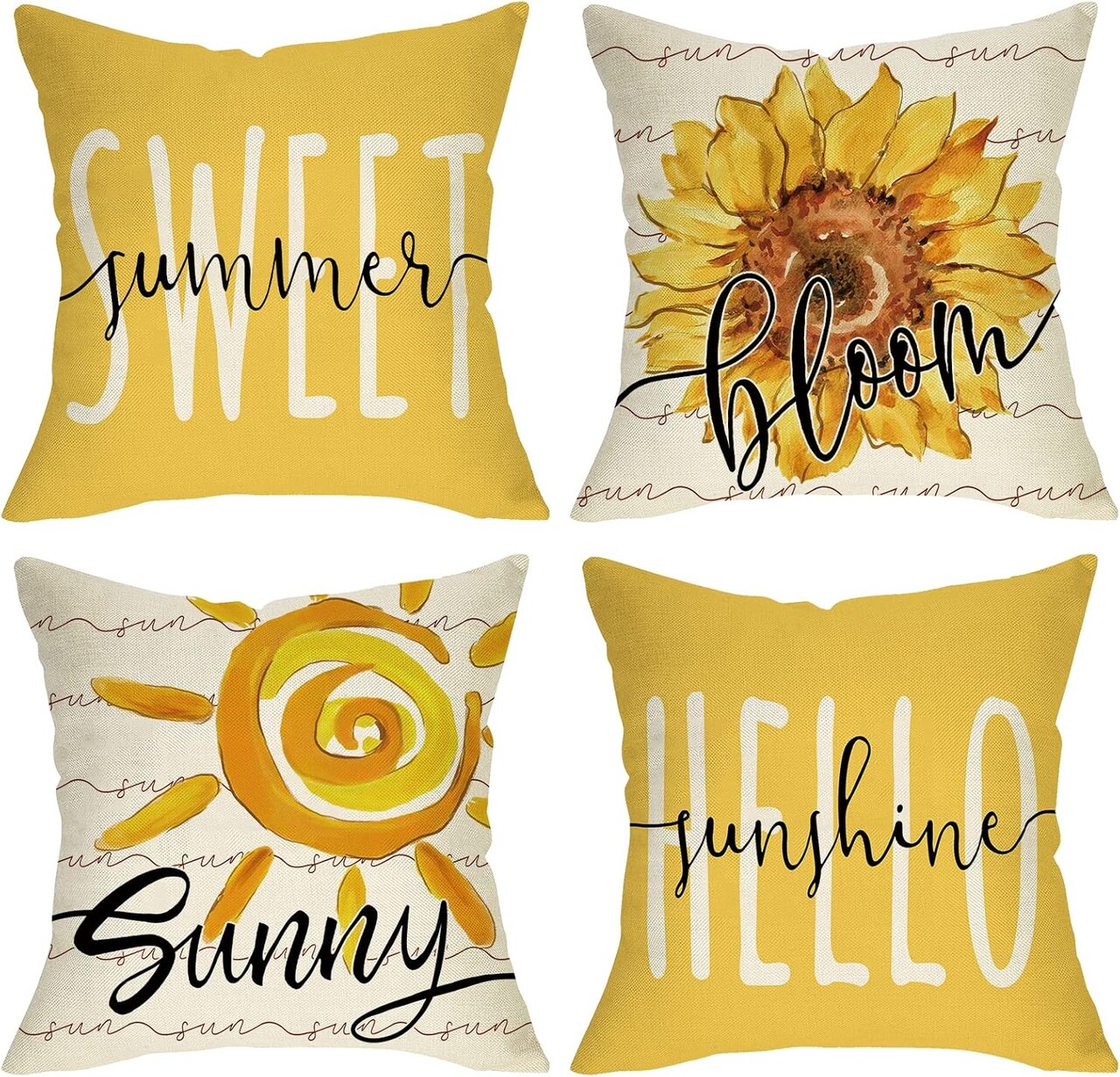 Sweet Summer Sunflower Bloom Decorative Throw Pillow Cover 20 x 20 Set of 4, Hello Sunshine Yellow Flower Porch Outdoor Home Decor, Sun Sunny Seasonal Farmhouse Couch Cushion Case